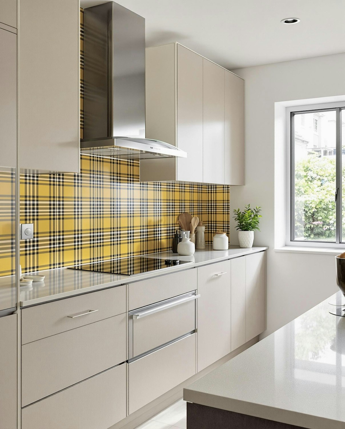 Kitchen with beige cabinetry, patterned backsplash and a steel range hood