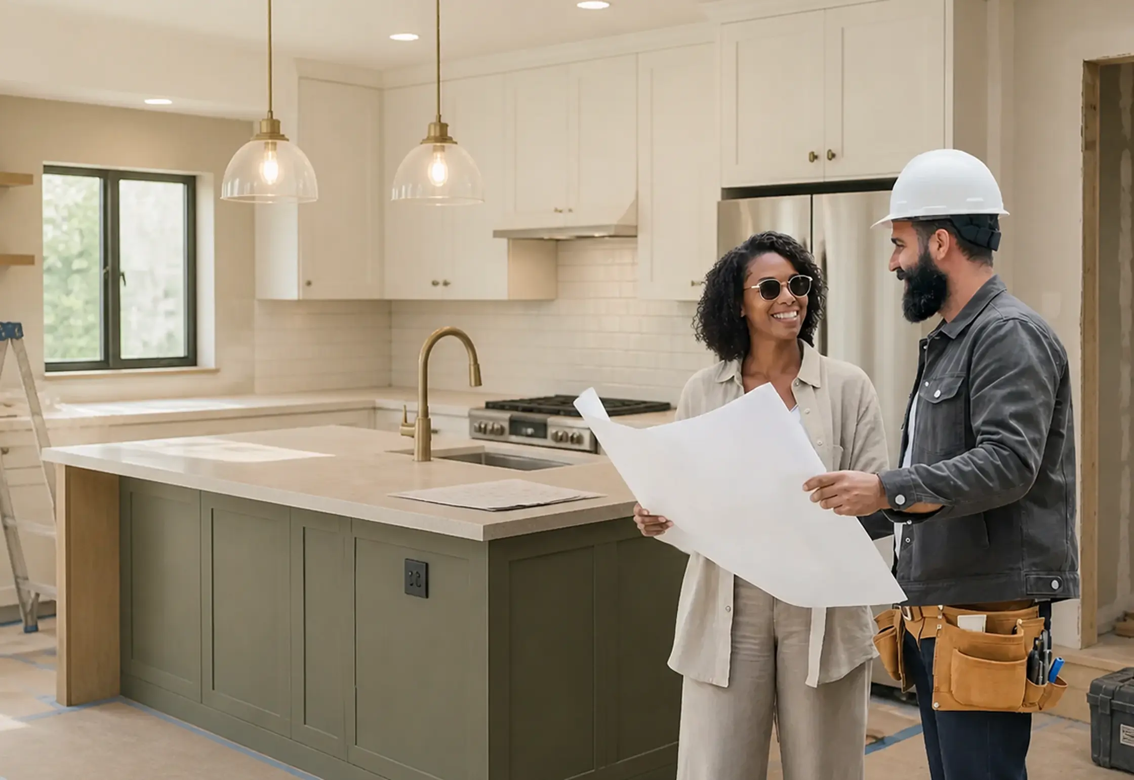 Homeowner and contractor reviewing plans in a kitchen under renovation