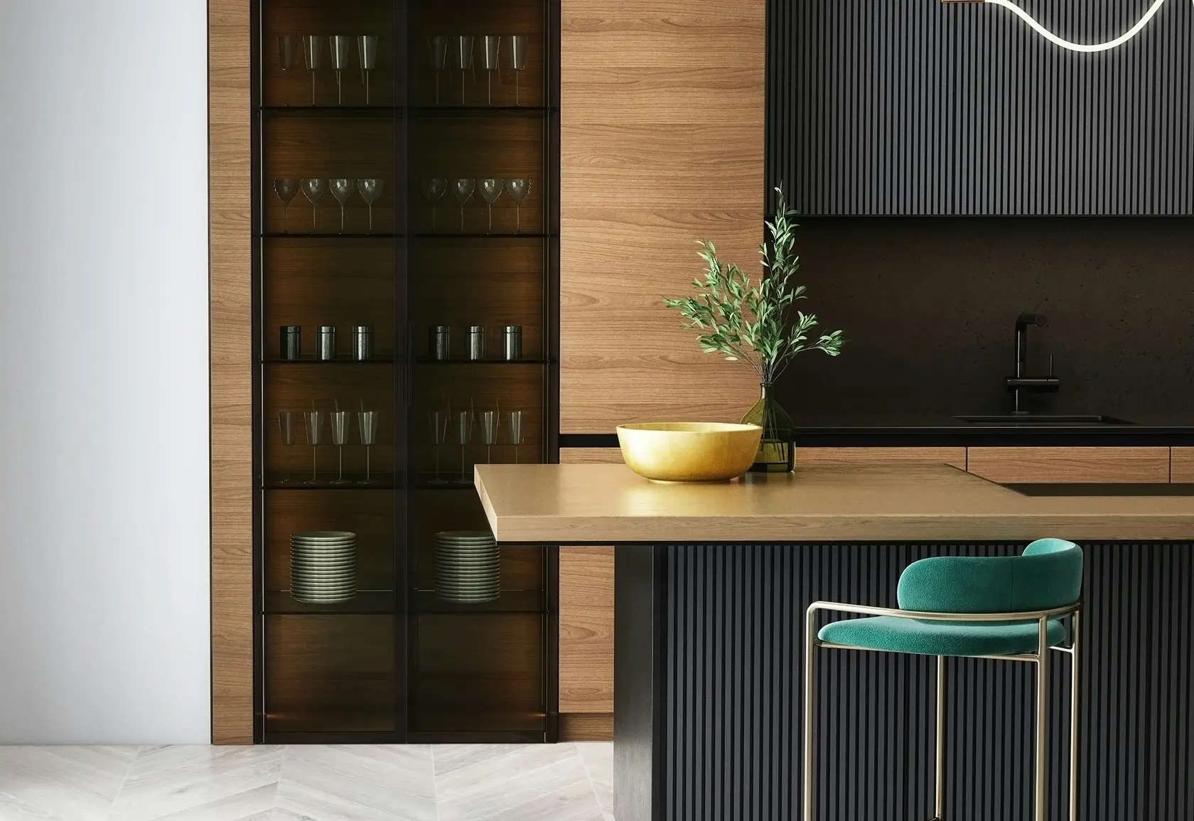 Renovated open-plan kitchen with pale cabinetry and a timber island