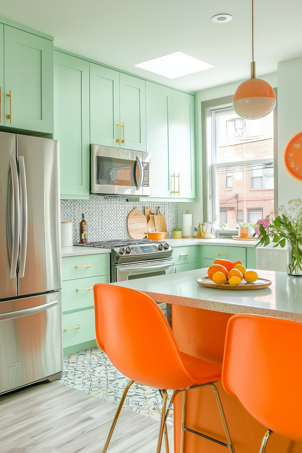 Bright kitchen with mint green cabinetry and stainless steel appliances