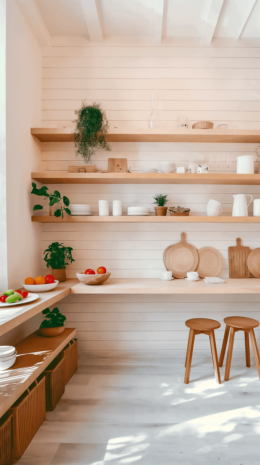 Minimal kitchen with open timber shelving and neatly stored crockery