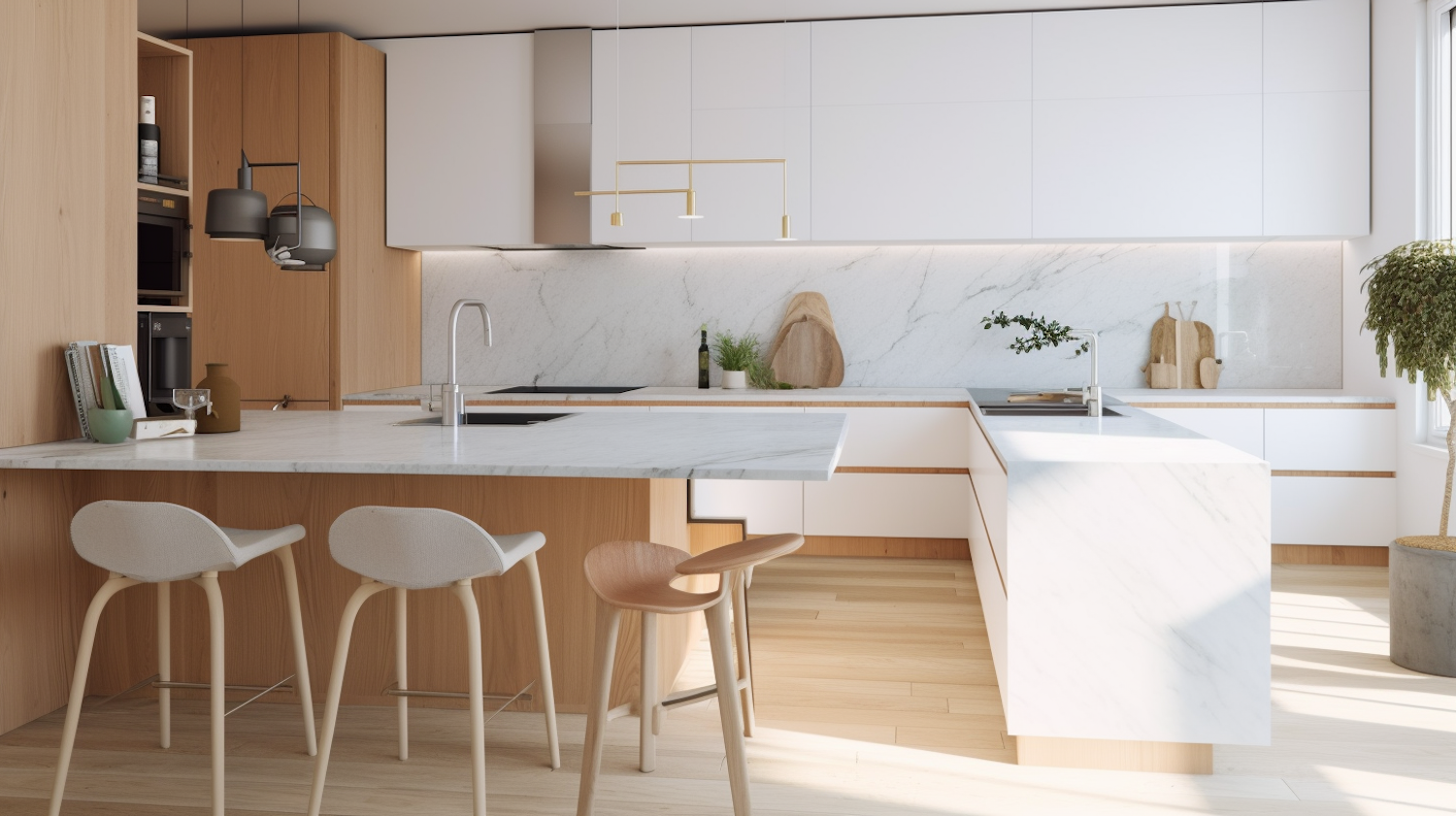 Marble island top with pendant lights above and light wood cabinetry behind