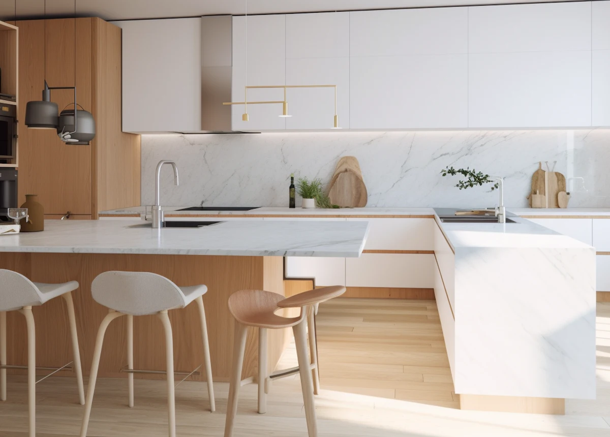 Open-plan kitchen with a white marble waterfall island and oak cabinetry