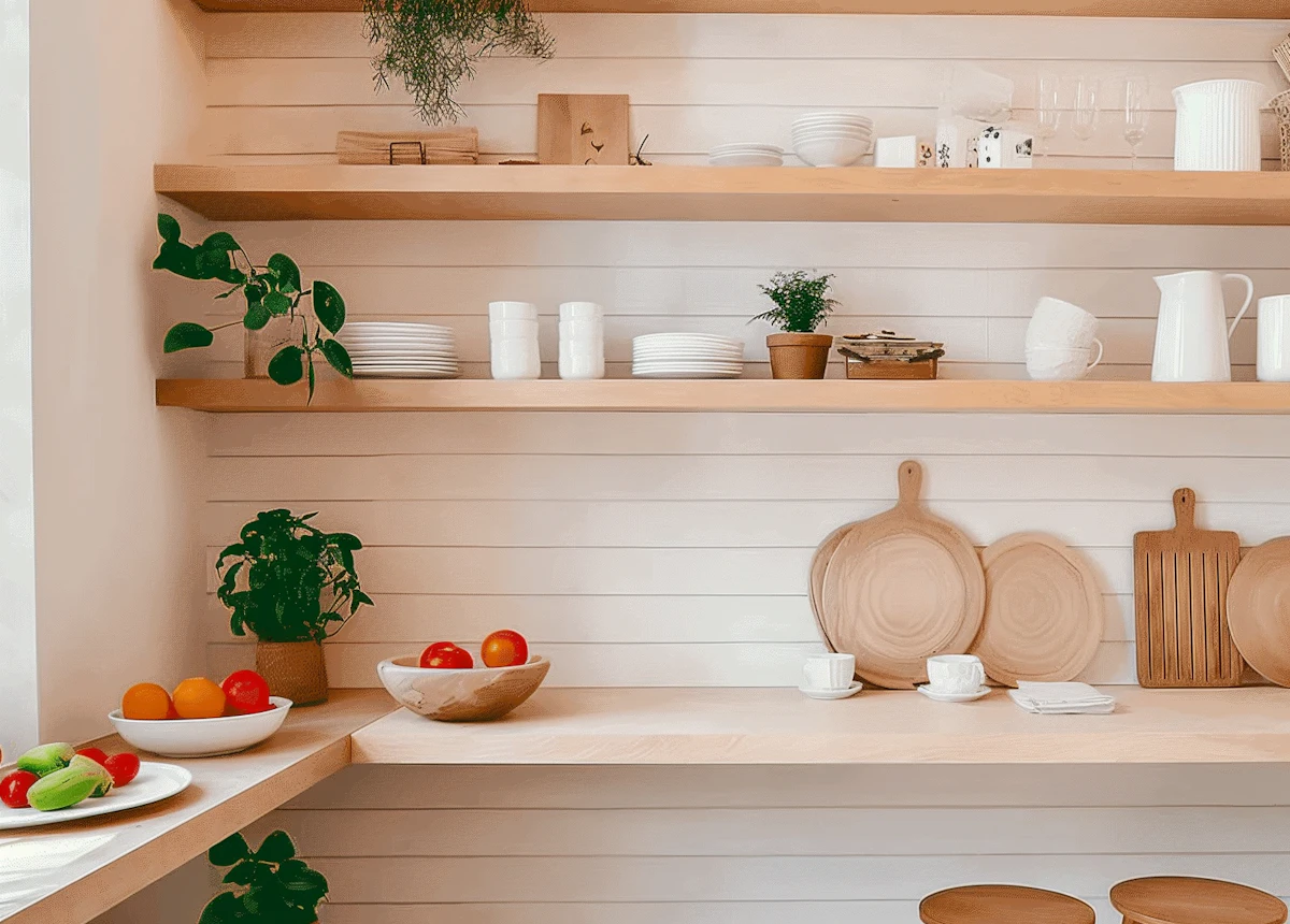 Oak open shelving and a panelled larder wall stacked with white crockery